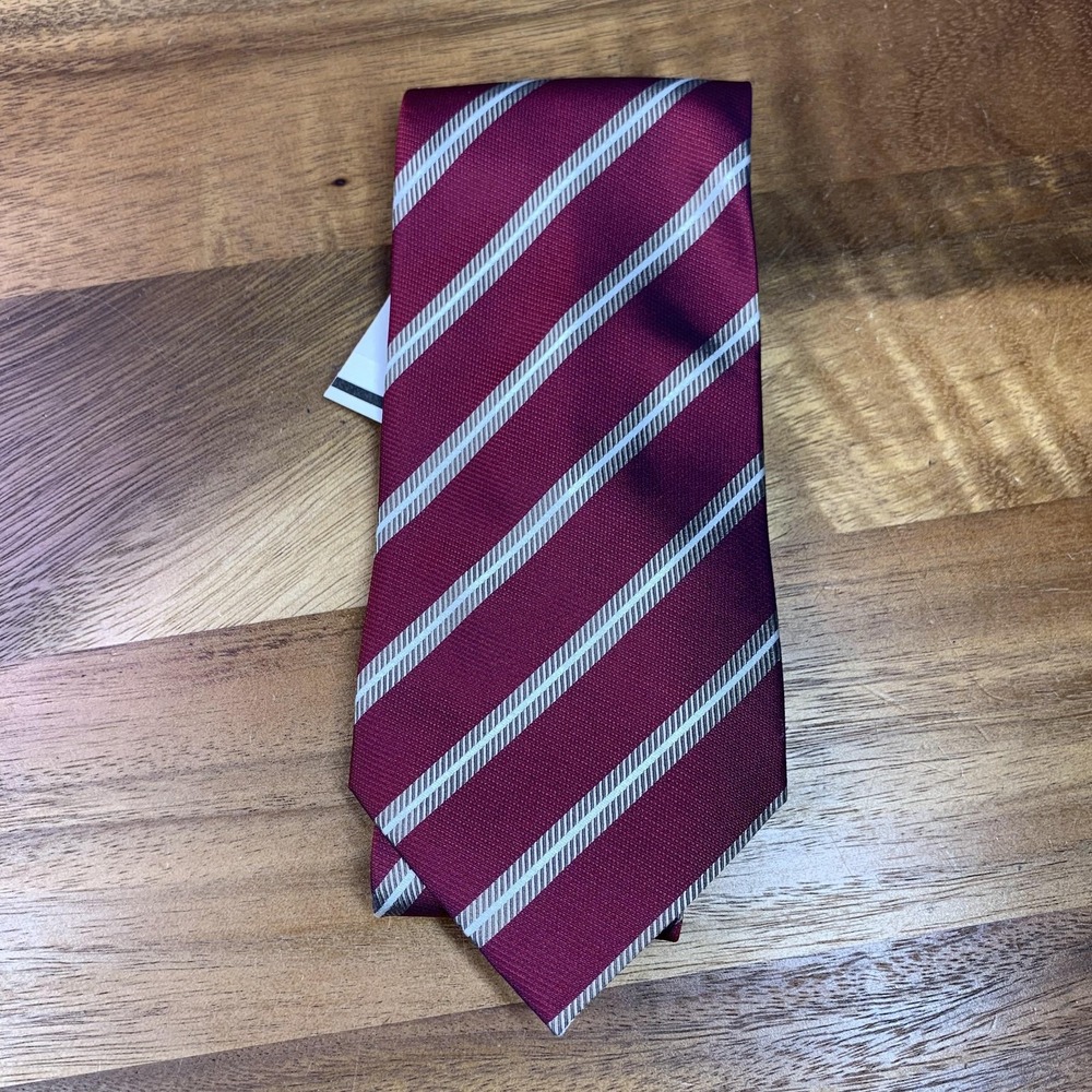NEW IZOD Tie Mens One Size Burgundy Striped Silk Necktie Business Formal Office